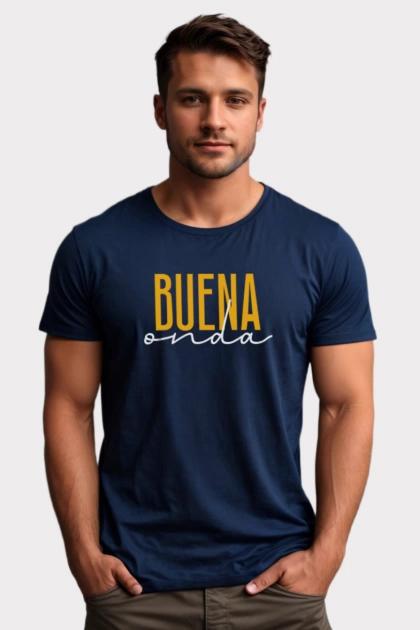 Camiseta colombiana azul navy para hombre con frase buena onda