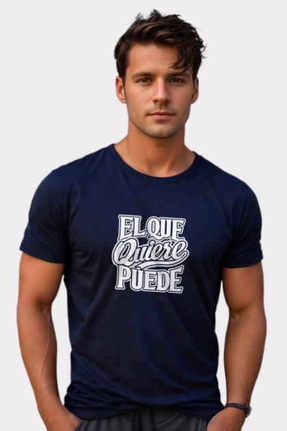 Camiseta colombiana azul navy para hombre con frase el que quiere puede