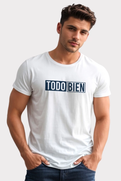 Camiseta colombiana blanca para hombre con frase todo bien