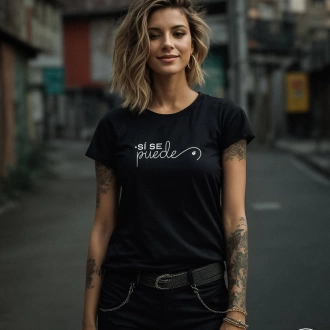 Camiseta colombiana negra para mujer con frase si se puede